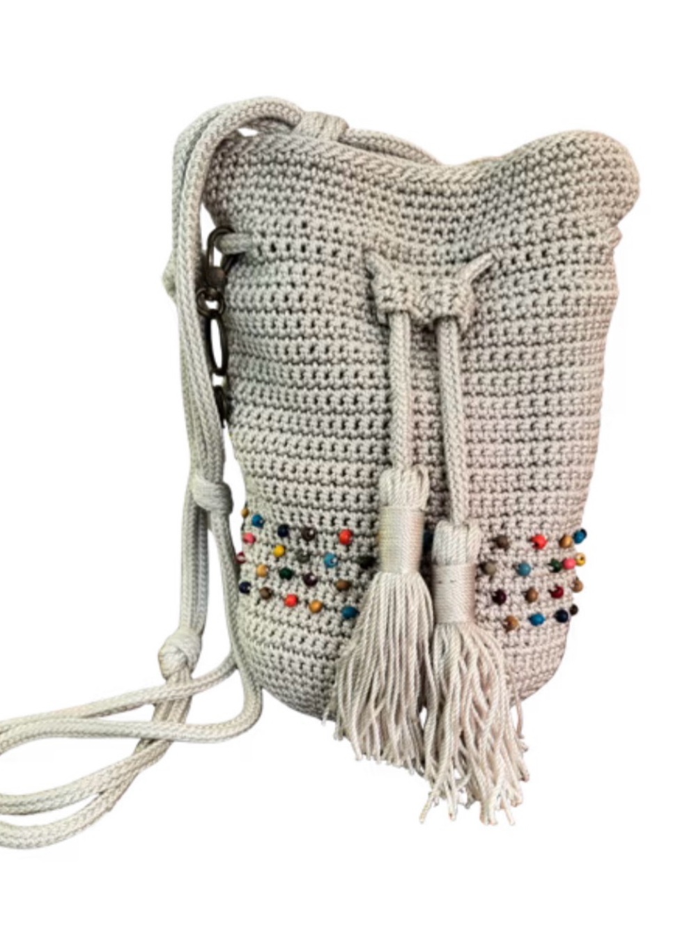 NEW The Sak Crochet Drawstring Crossbody Bag in Ecru with Multicolor Beads